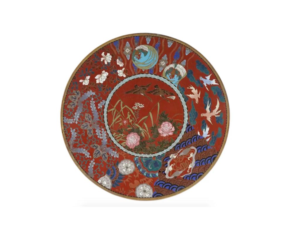 Cloissoné Pair of Red Antique Japanese Cloisonne Enamel Charger Plates Flying Geese For Sale