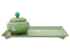 Antique Japanese Cloisonne Enamel Green Tray And Covered Jar With Phoenix Bird