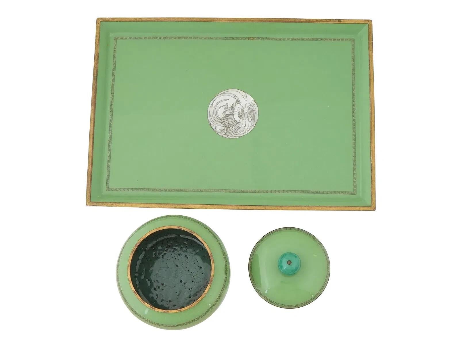 Meiji Antique Japanese Cloisonne Enamel Green Tray And Covered Jar With Phoenix Bird For Sale