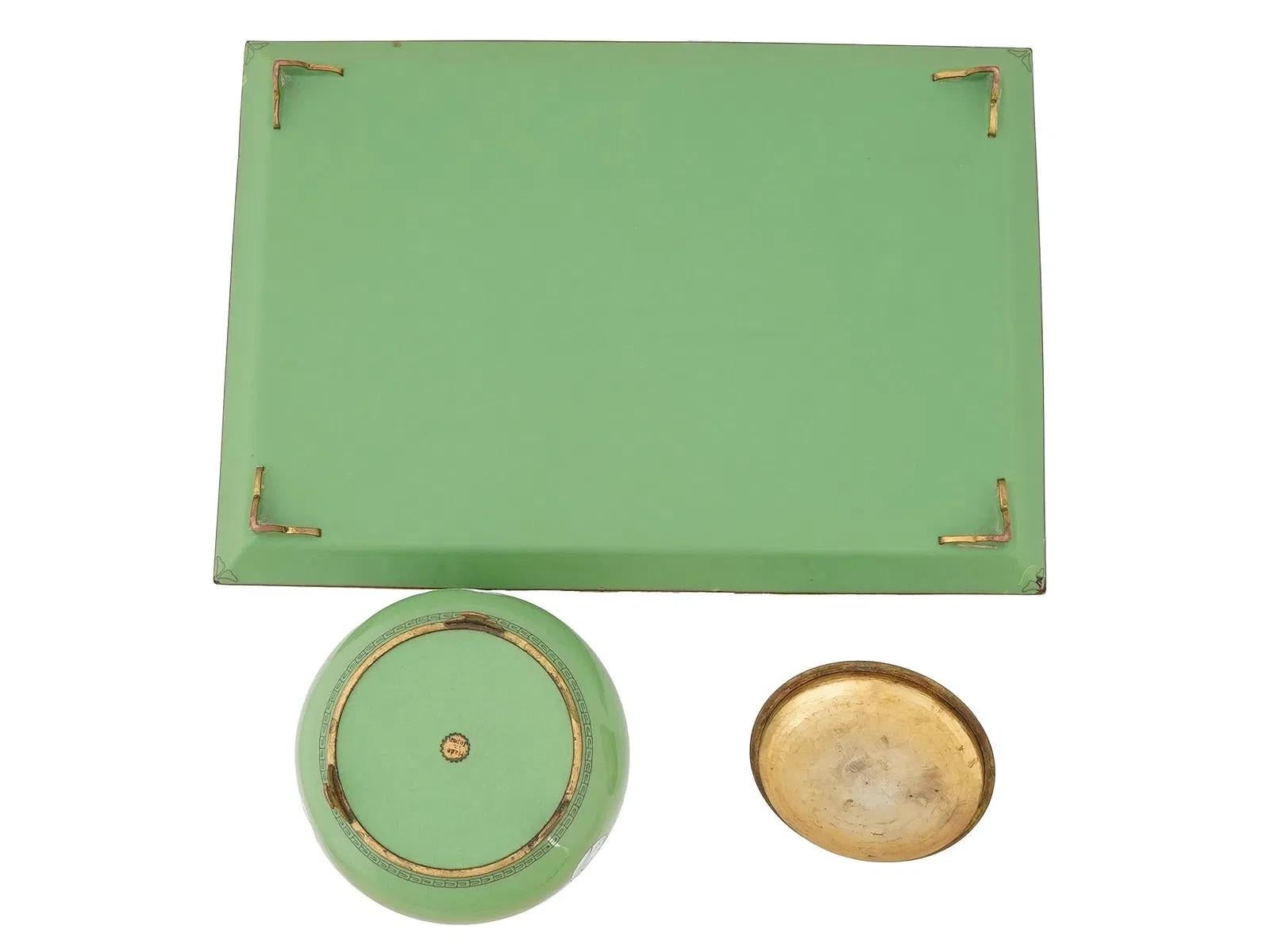 Cloissoné Antique Japanese Cloisonne Enamel Green Tray And Covered Jar With Phoenix Bird For Sale