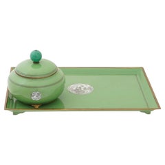 Antique Japanese Cloisonne Enamel Green Tray And Covered Jar With Phoenix Bird