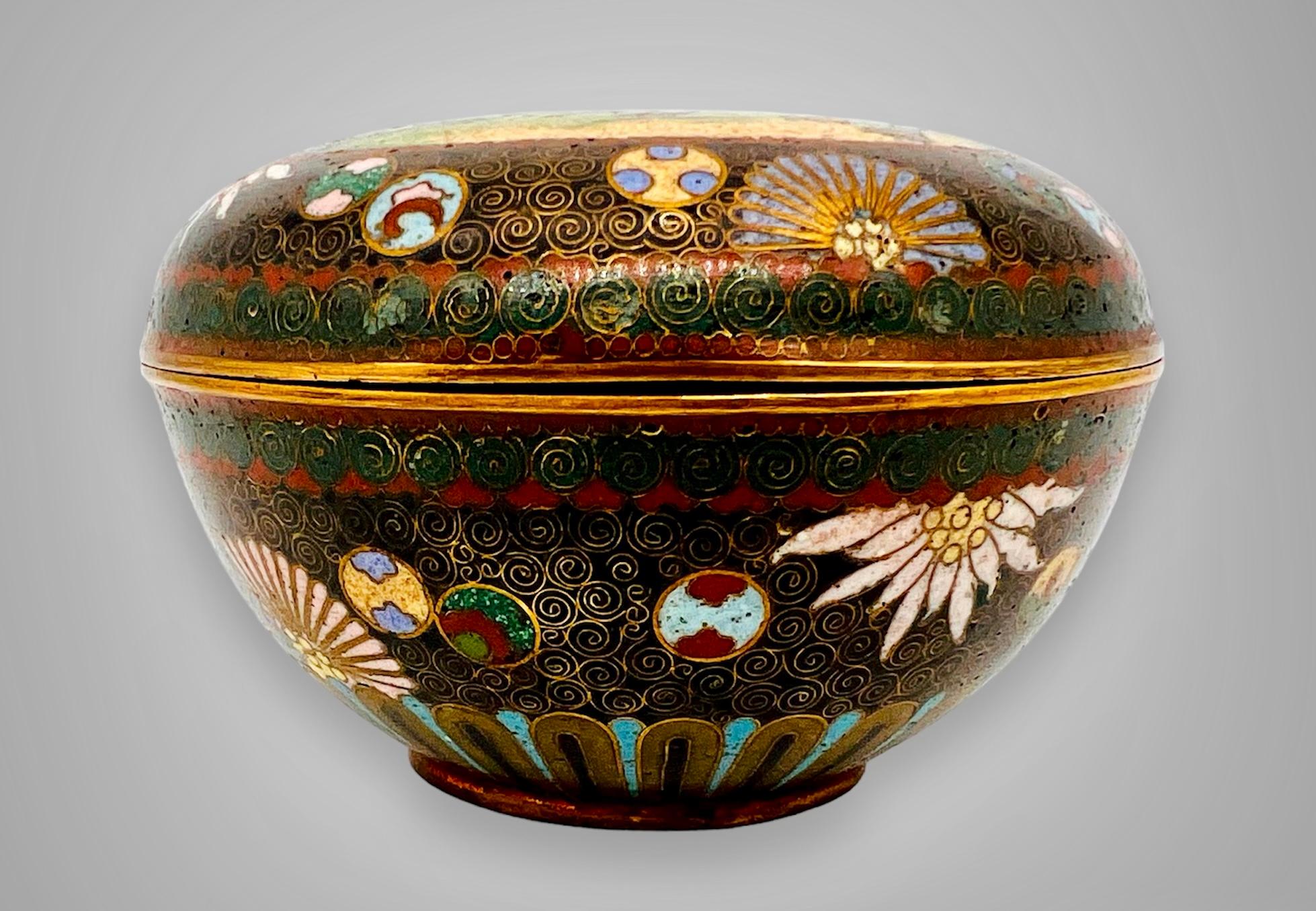 ANTIKE JAPANISCHE CLOISONNÉ-EMAILLE, RUNDE, TIEFE KOBAKO-KOGO-DOSE MIT DECKEL. 19. Jh. (Japanisch) im Angebot