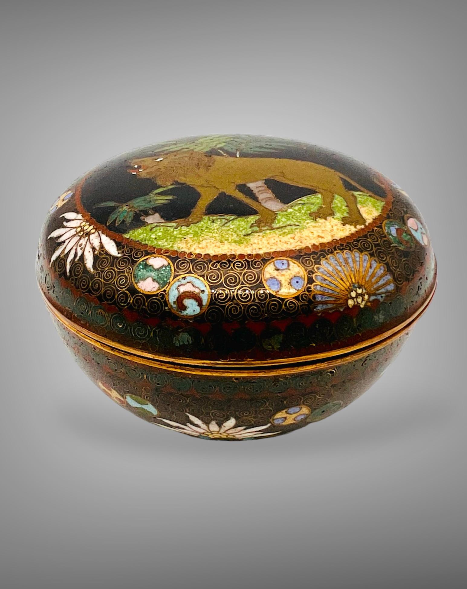 ANTIKE JAPANISCHE CLOISONNÉ-EMAILLE, RUNDE, TIEFE KOBAKO-KOGO-DOSE MIT DECKEL. 19. Jh. (19. Jahrhundert) im Angebot