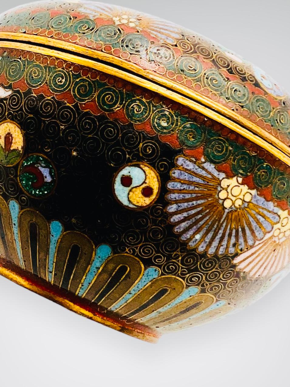 ANTIKE JAPANISCHE CLOISONNÉ-EMAILLE, RUNDE, TIEFE KOBAKO-KOGO-DOSE MIT DECKEL. 19. Jh. im Angebot 2