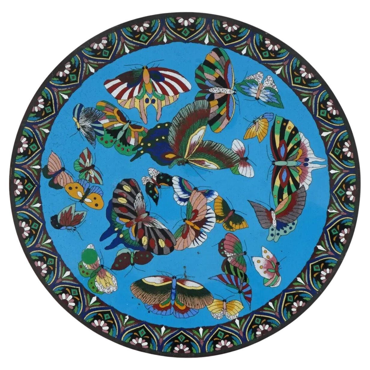 Antique Japanese Cloisonne Enamel Turquois Rainbow Color Butterfly Plate