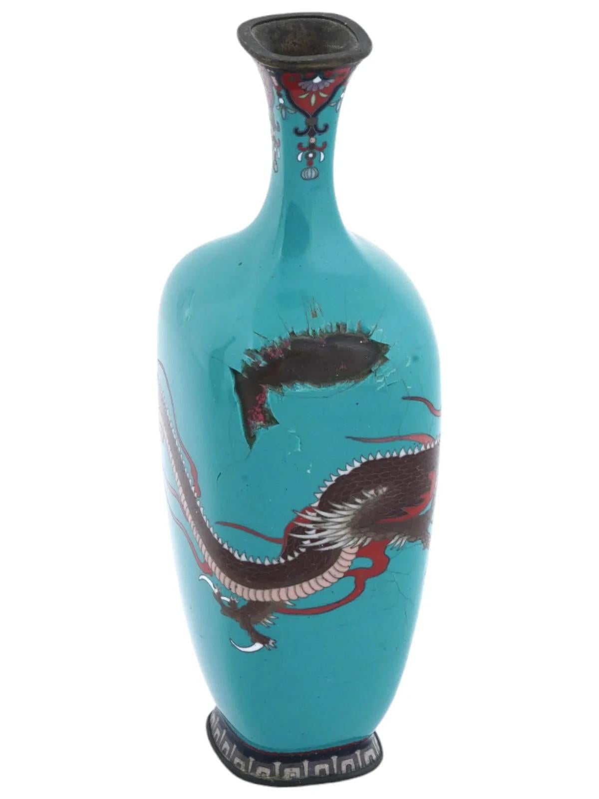 Meiji Antique Japanese Cloisonne Enamel Turquoise Dragon Vase For Sale