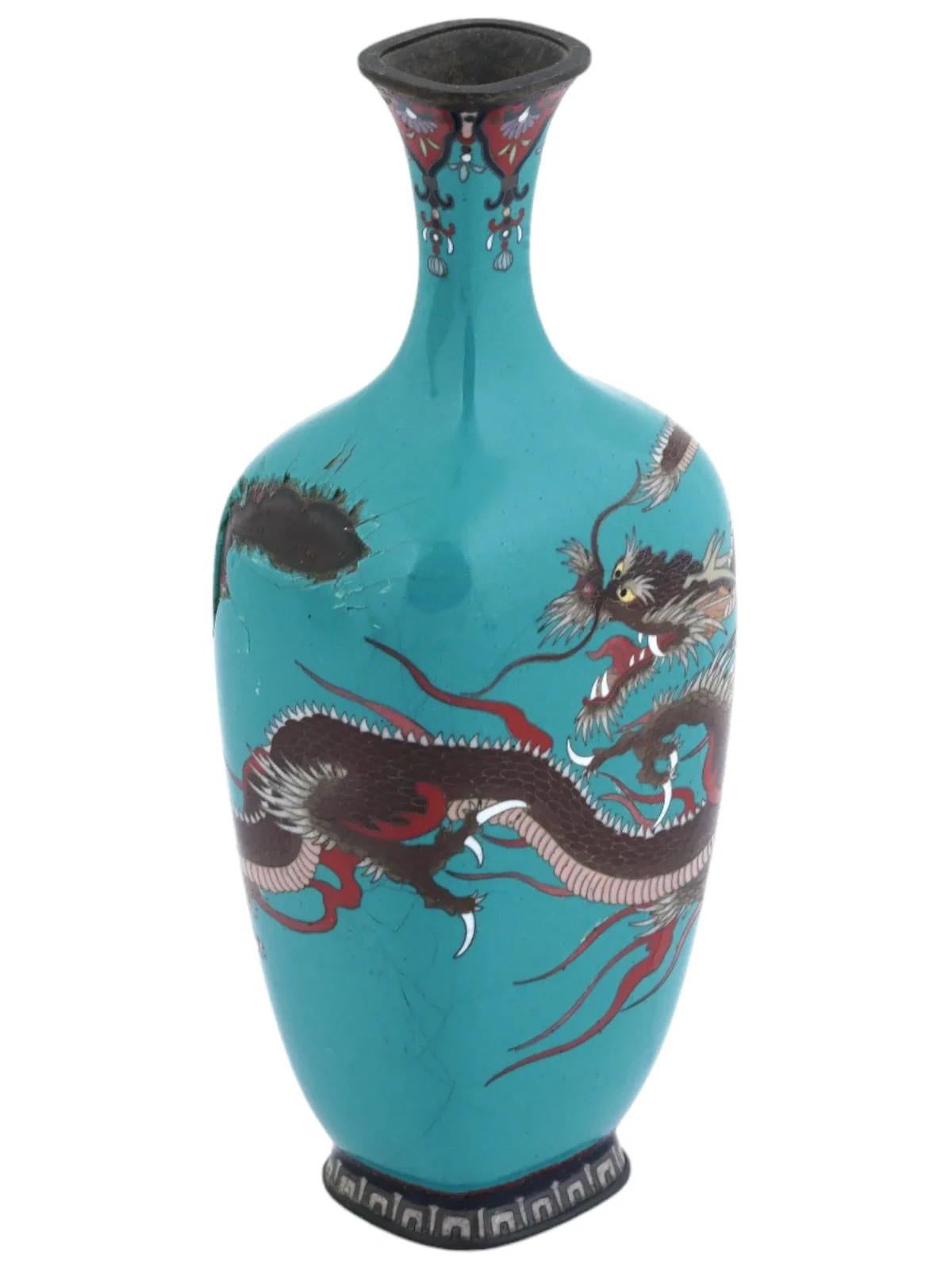 Cloissoné Antique Japanese Cloisonne Enamel Turquoise Dragon Vase For Sale
