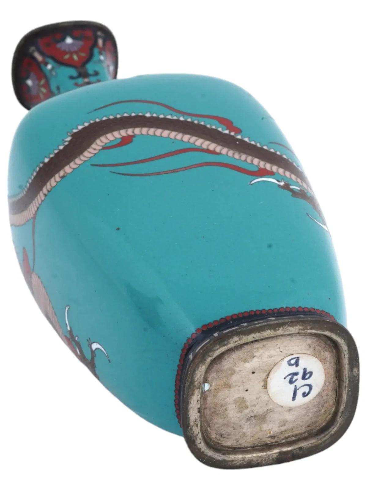 19th Century Antique Japanese Cloisonne Enamel Turquoise Dragon Vase For Sale