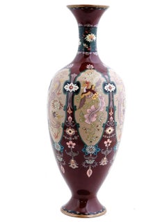 Antique Japanese Cloisonne Enamel Vase Dragon Phoenix Birds Pink And Red