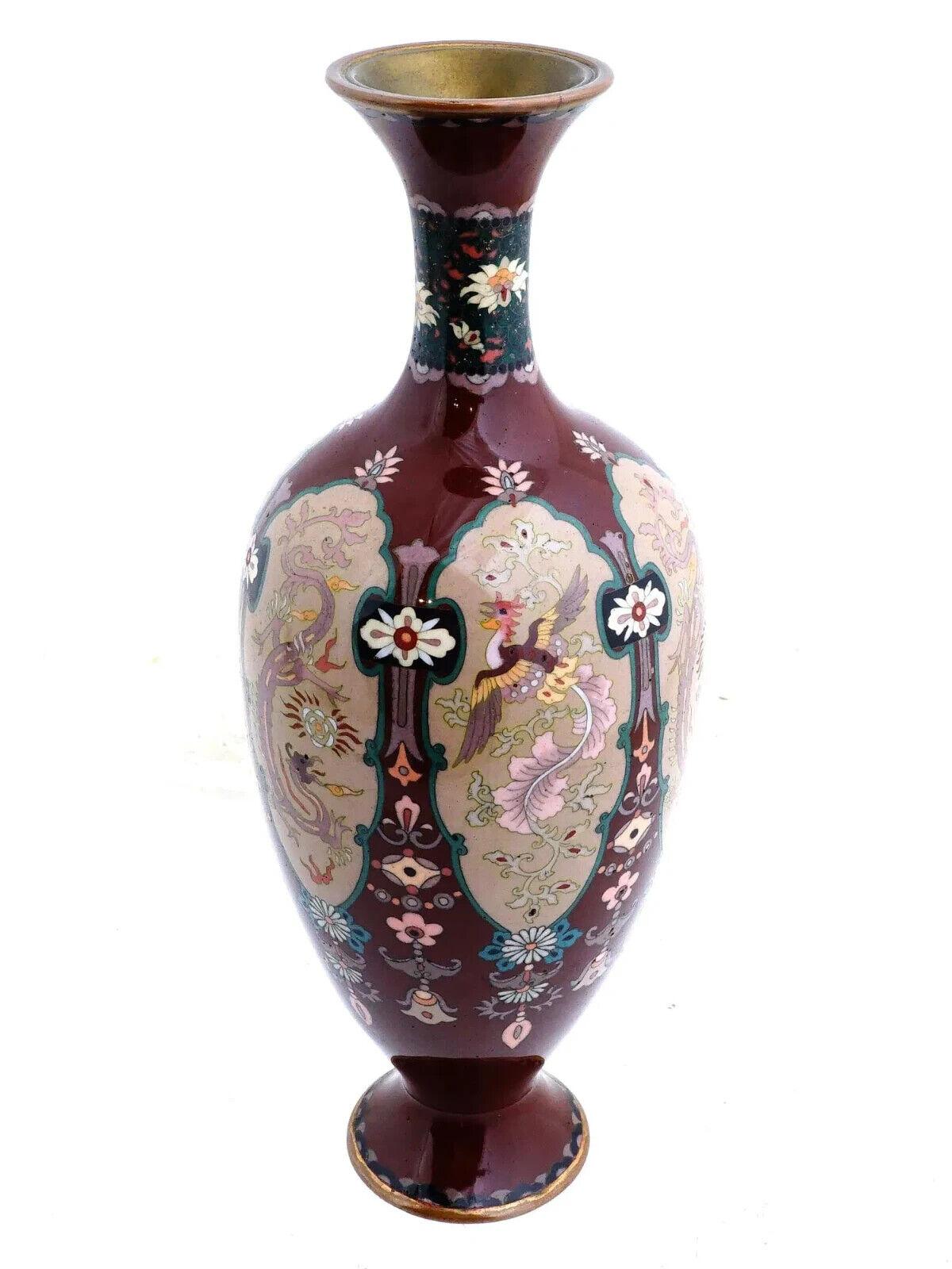 Meiji Antique Japanese Cloisonne Enamel Vase Dragon Phoenix Birds Pink And Red For Sale