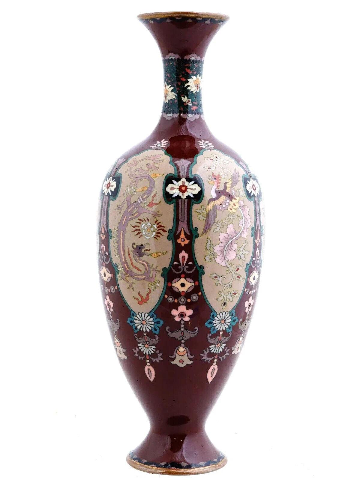 Cloissoné Antique Japanese Cloisonne Enamel Vase Dragon Phoenix Birds Pink And Red For Sale