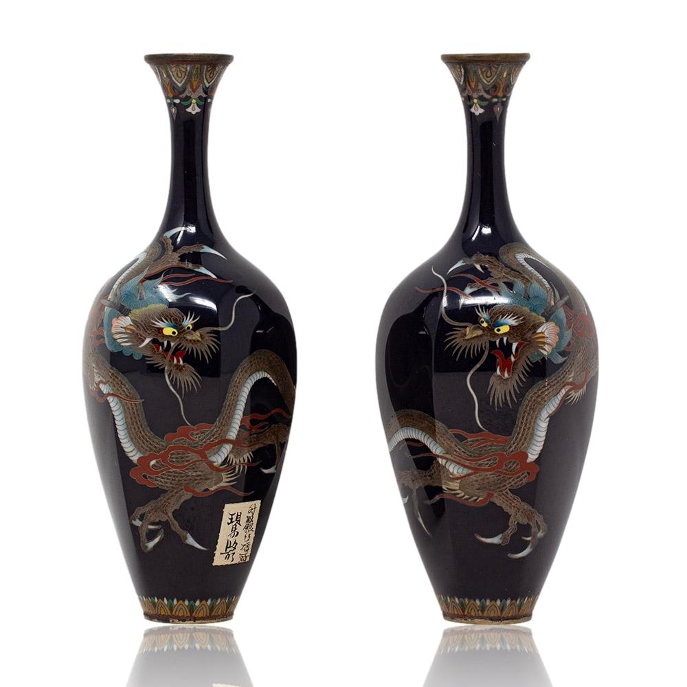 Enameled Antique Japanese Cloisonne Enamel Vase Pair Hayashi School For Sale