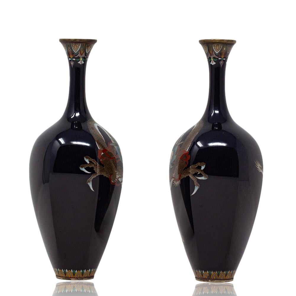Early 20th Century Antique Japanese Cloisonne Enamel Vase Pair Hayashi School For Sale