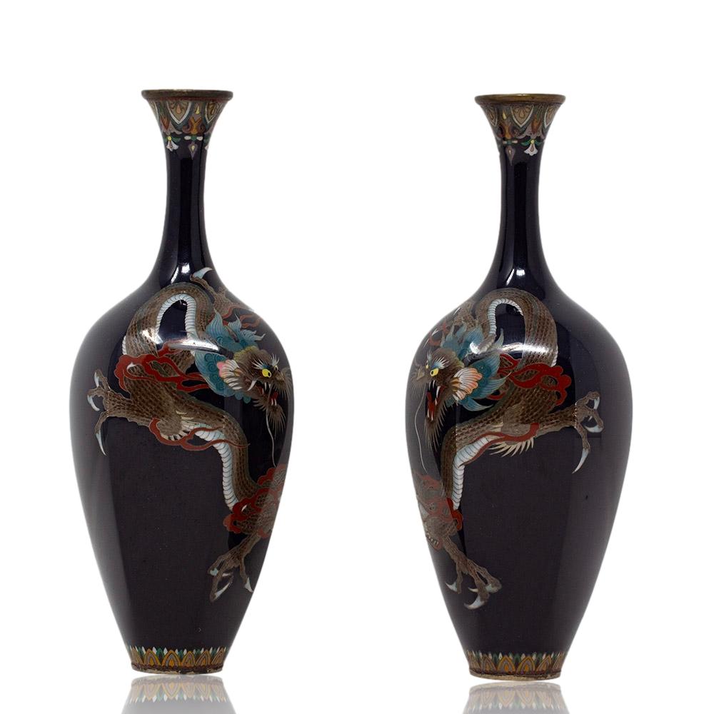 Antique Japanese Cloisonne Enamel Vase Pair Hayashi School For Sale 1