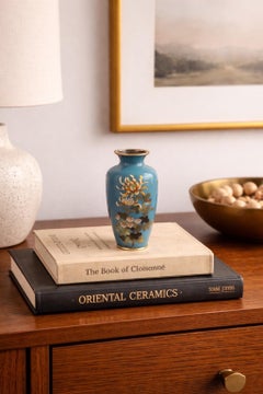 Antique Japanese Cloisonné Enamel Vase with Chrysanthemum Motif on Turquoise