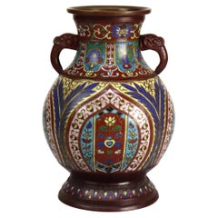 Antique Japanese Cloisonne Enameled Double Handle Bronze Vase c1900