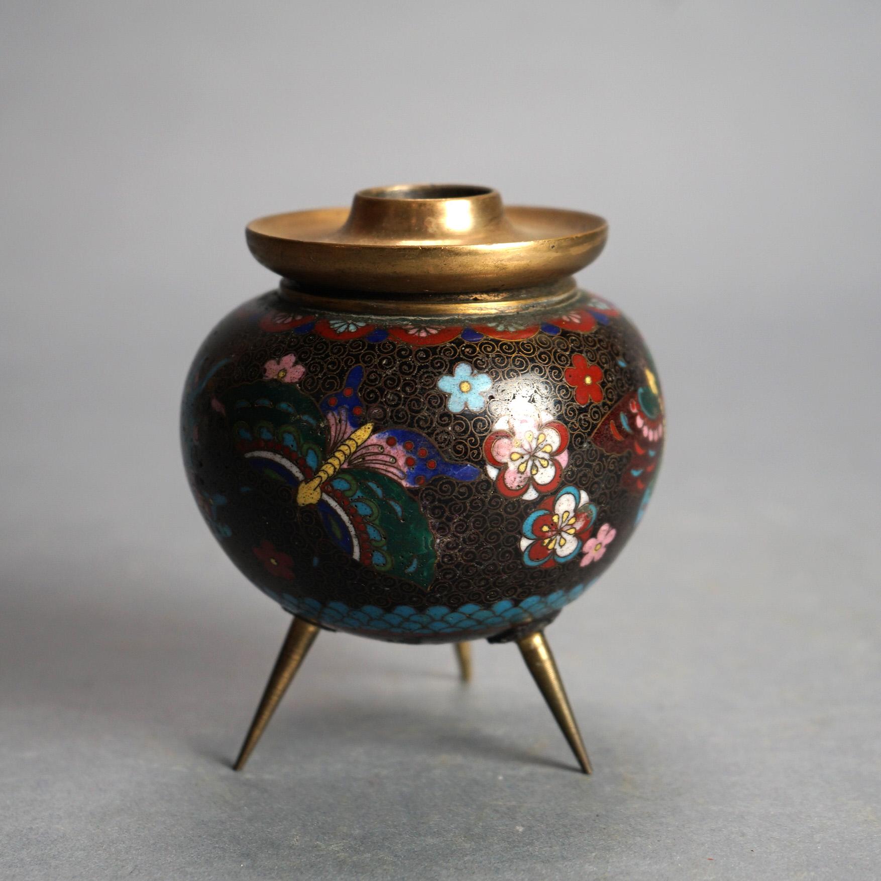 Antique Japanese Cloisonne Enameled Footed Candleholder with Butterflies & Flowers C1920

Measures - 4.5