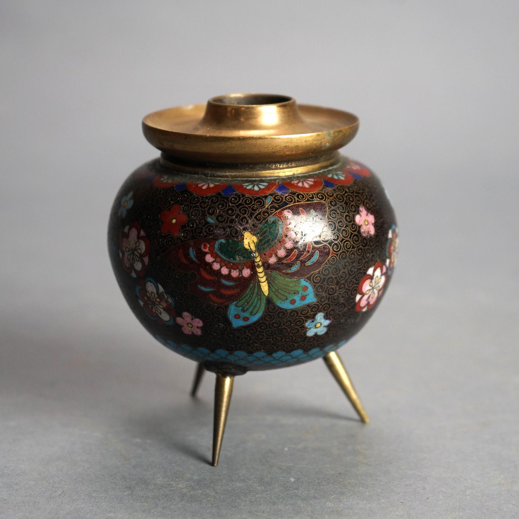 Asian Antique Japanese Cloisonne Enameled Footed Candleholder with Butterflies C1920 For Sale