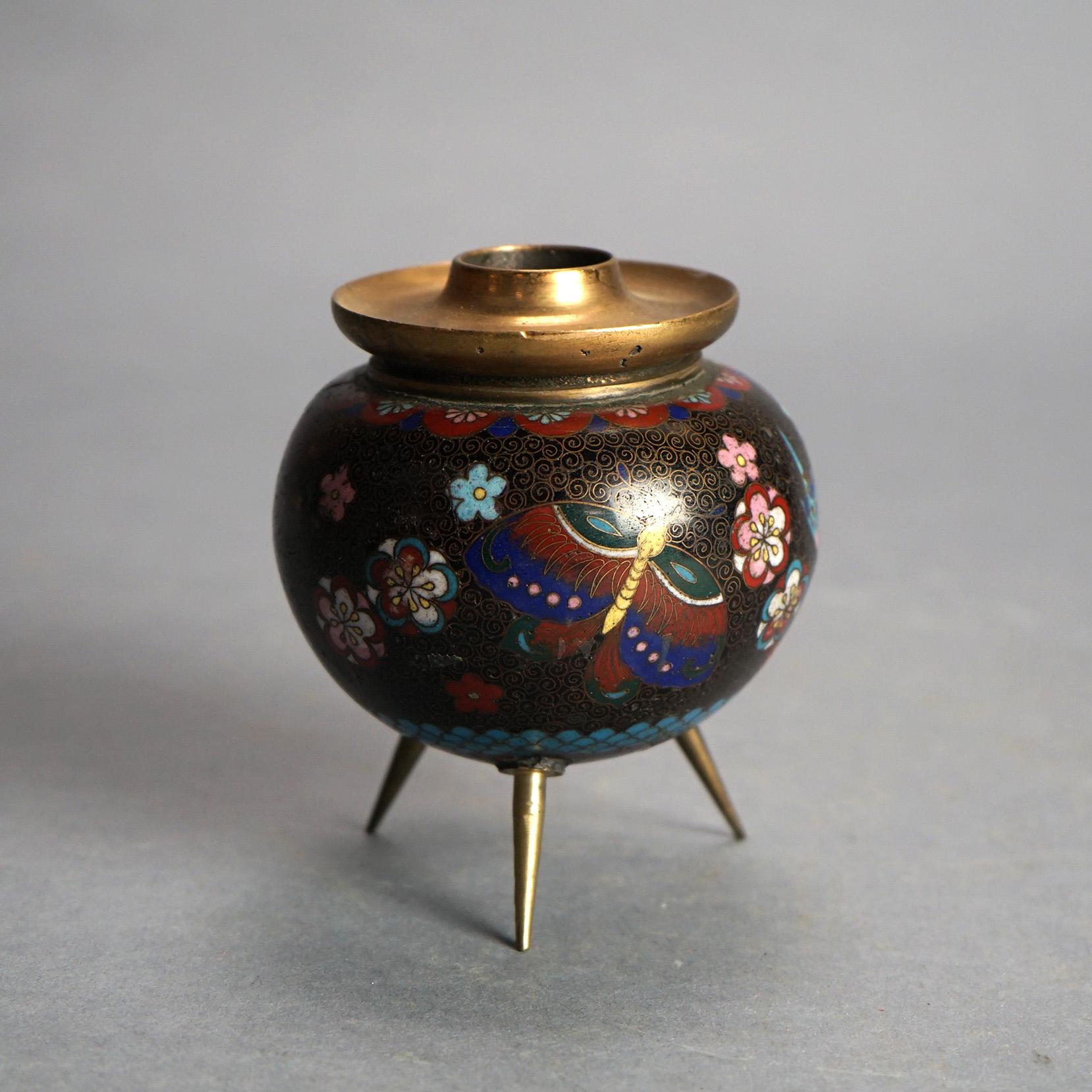 Antique Japanese Cloisonne Enameled Footed Candleholder with Butterflies C1920 In Good Condition For Sale In Big Flats, NY