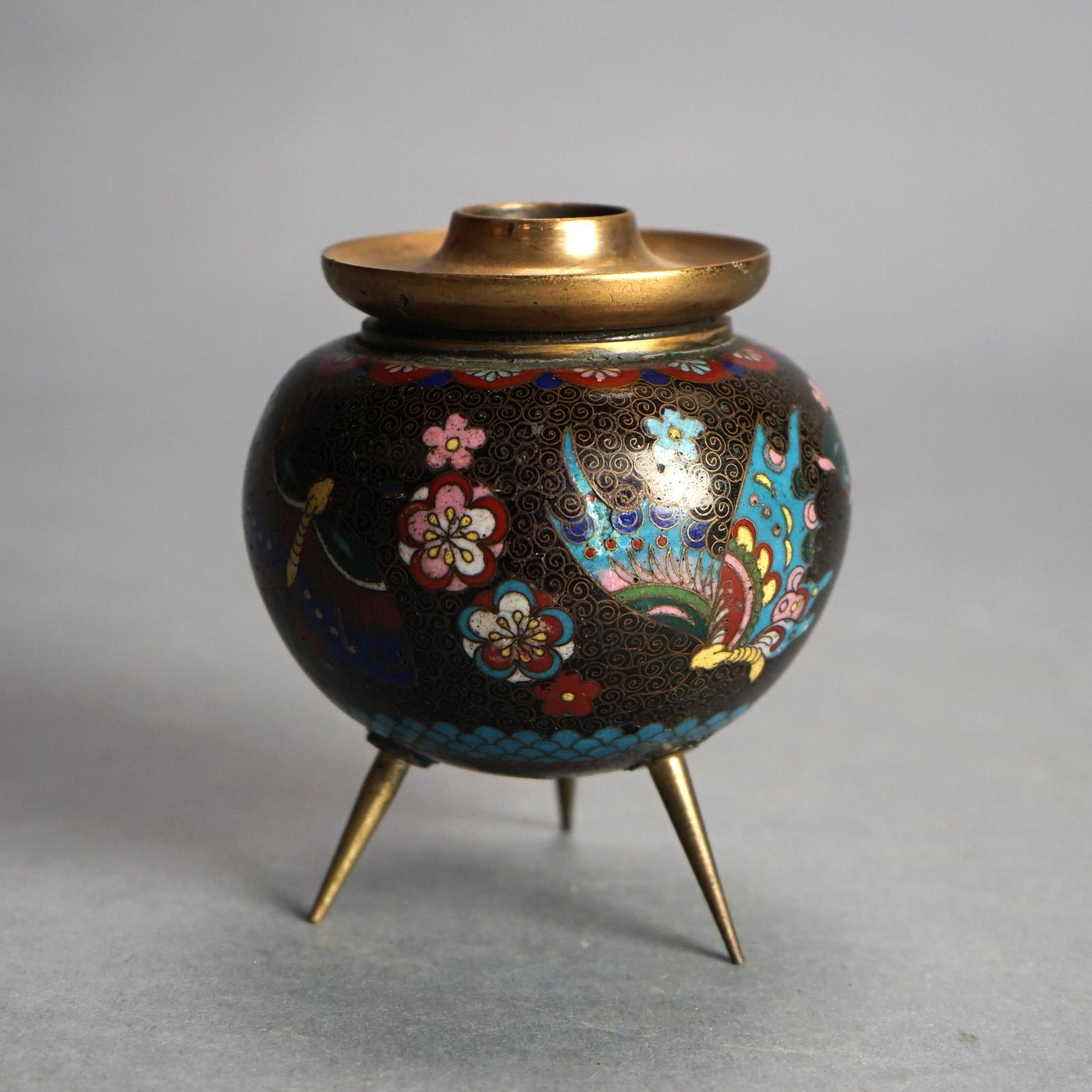 20th Century Antique Japanese Cloisonne Enameled Footed Candleholder with Butterflies C1920 For Sale