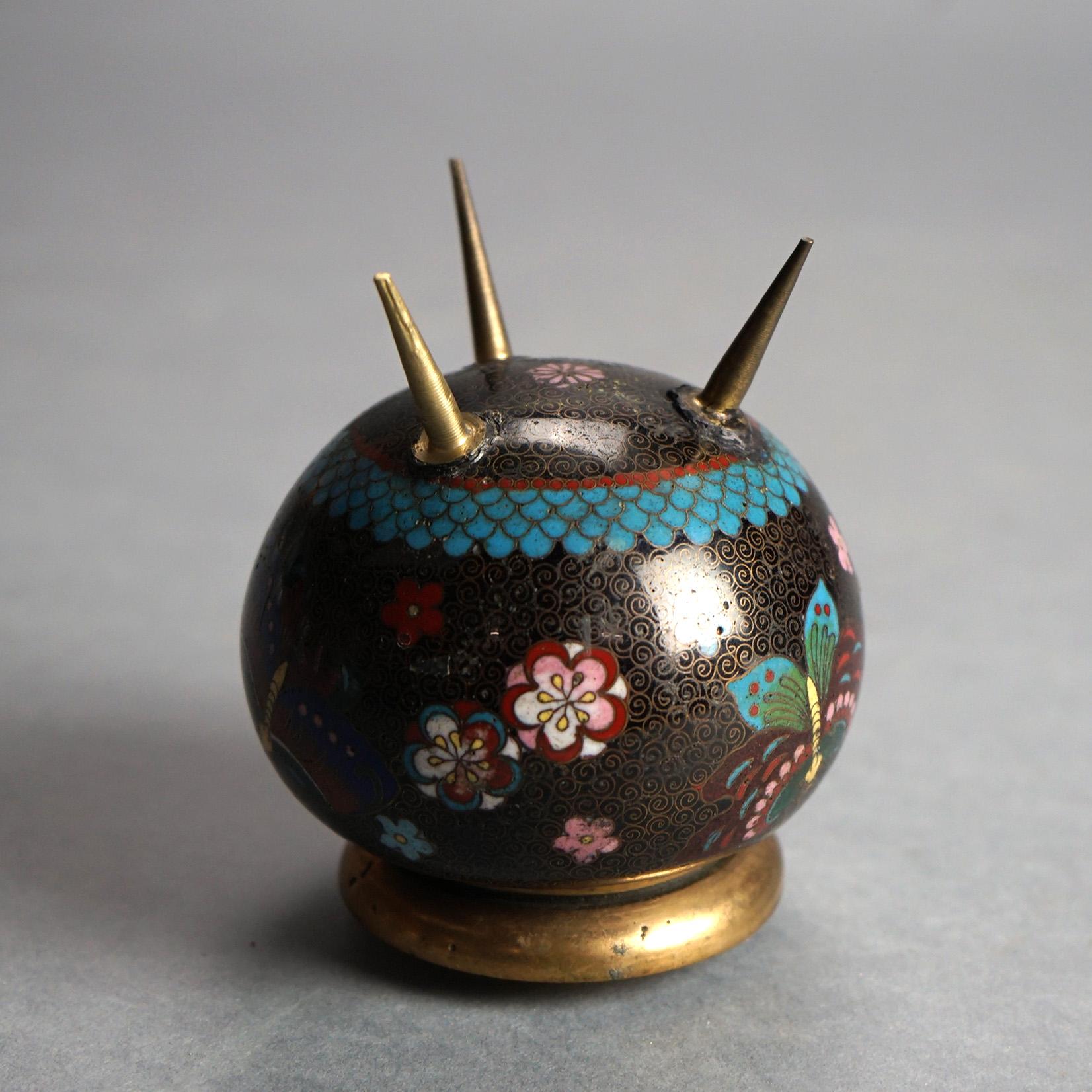 Metal Antique Japanese Cloisonne Enameled Footed Candleholder with Butterflies C1920 For Sale