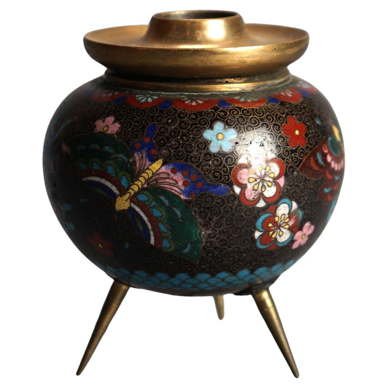 Antique Japanese Cloisonne Enameled Footed Candleholder with Butterflies C1920 For Sale