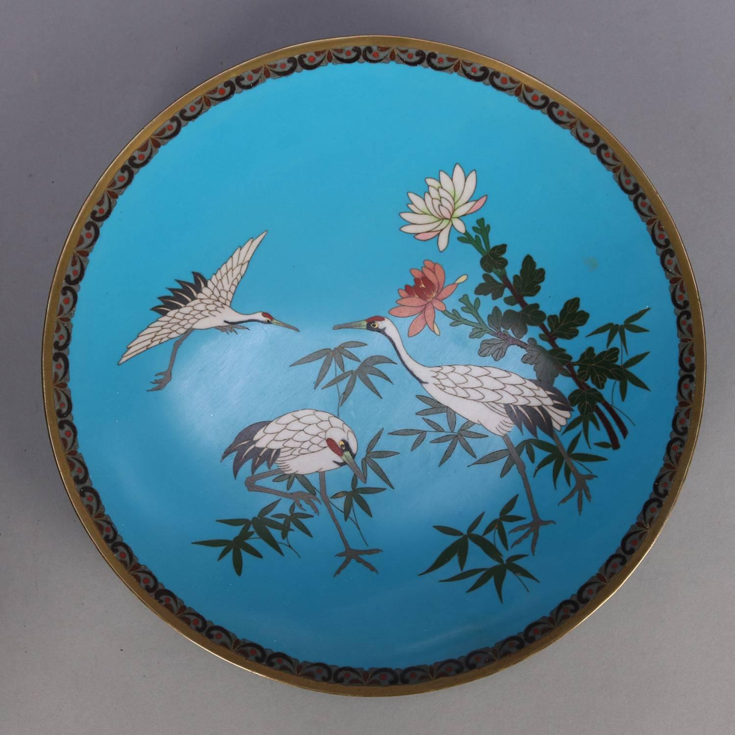 Antique Japanese Cloisonne Enameled Pictorial Charger, Marsh Scene & Herons 5