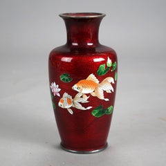 Antique Japanese Cloisonne Enameled Vase with Koi Fish Decoration C1930