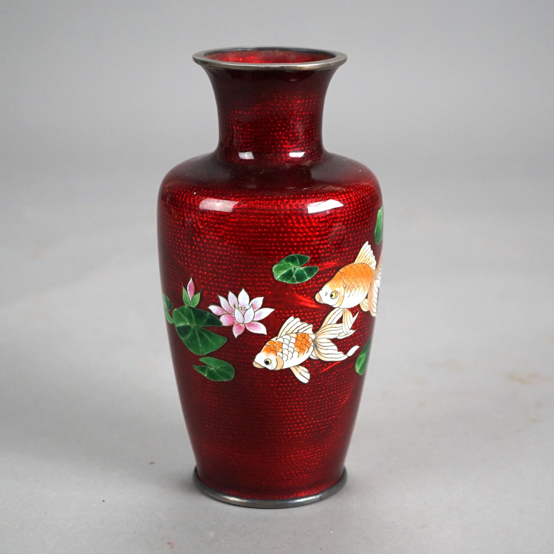 Asian Antique Japanese Cloisonne Enameled Vase with Koi Fish Decoration C1930