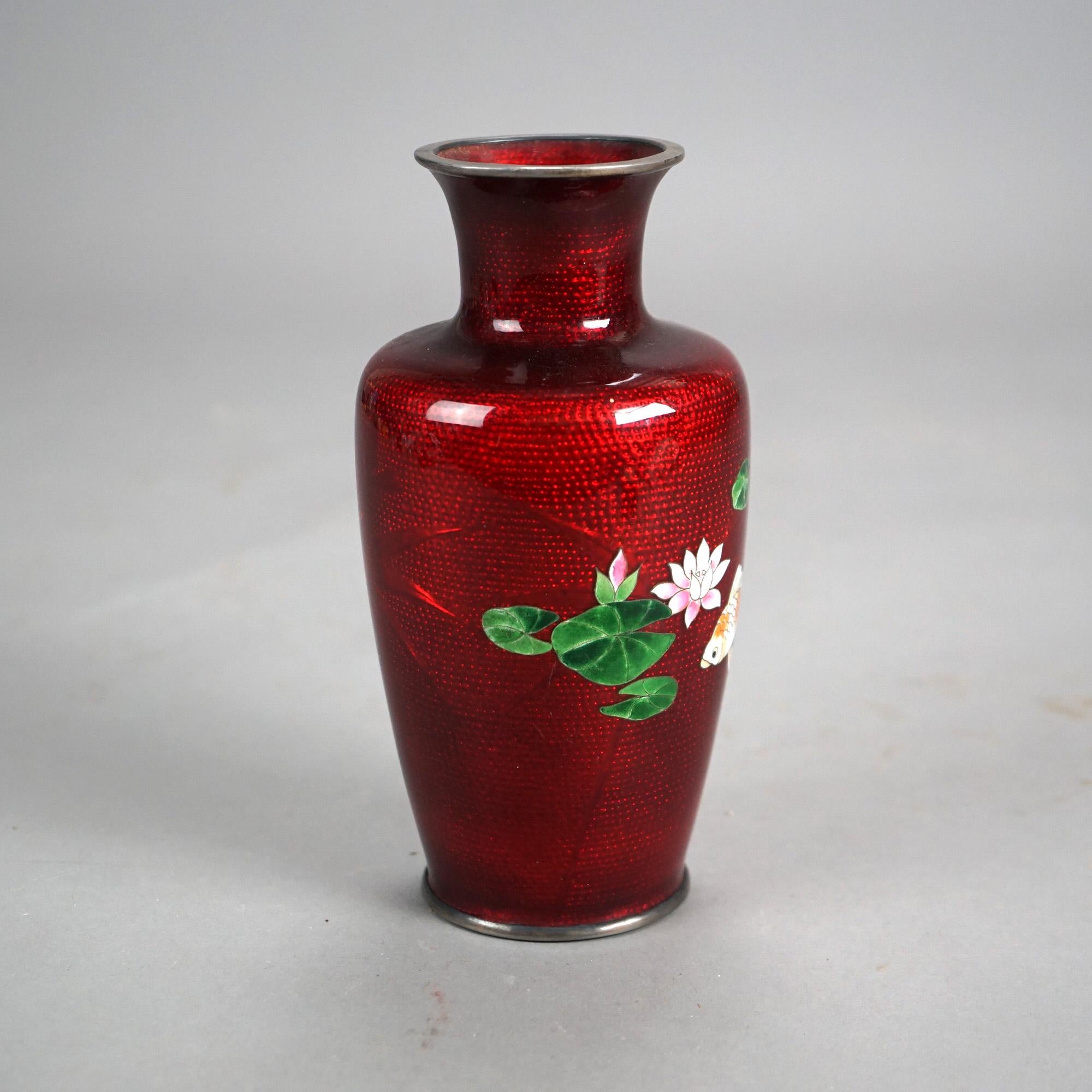 Antique Japanese Cloisonne Enameled Vase with Koi Fish Decoration C1930 In Good Condition In Big Flats, NY