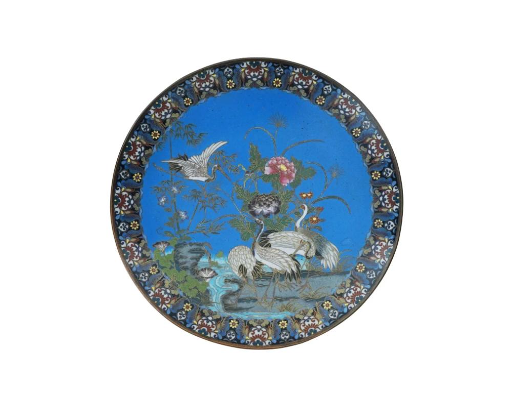 A small antique Japanese late Meiji era decorative enamel over copper plate. The interior of the plate is adorned with a polychrome design of cranes in a pond landscape with blossoming flowers and plants made in the Cloisonne technique. The border