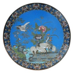 Antique Japanese Cloisonne Flying Cranes Landscape Enamel Plate Goto School