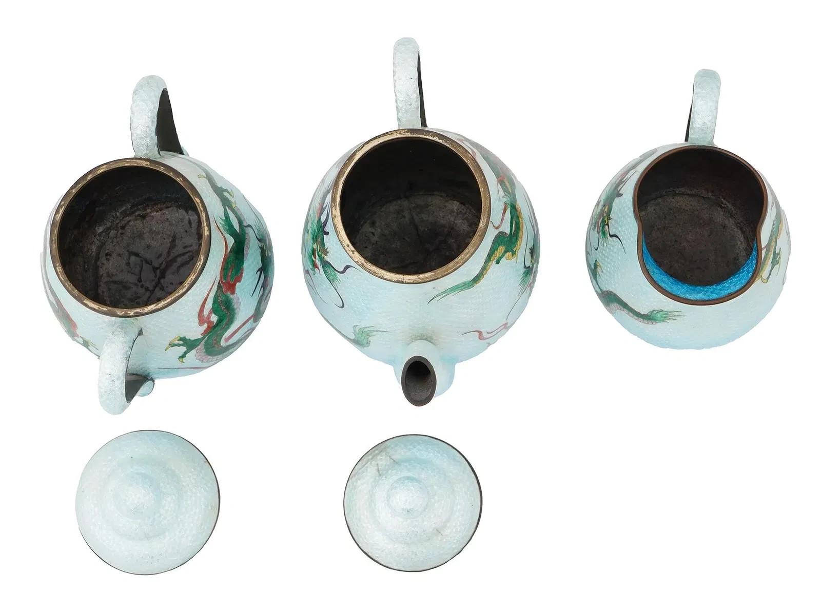 Antique Japanese Cloisonne Ginbari Enamel Dragon Tea Set Teapot Cup And Saucer For Sale 5