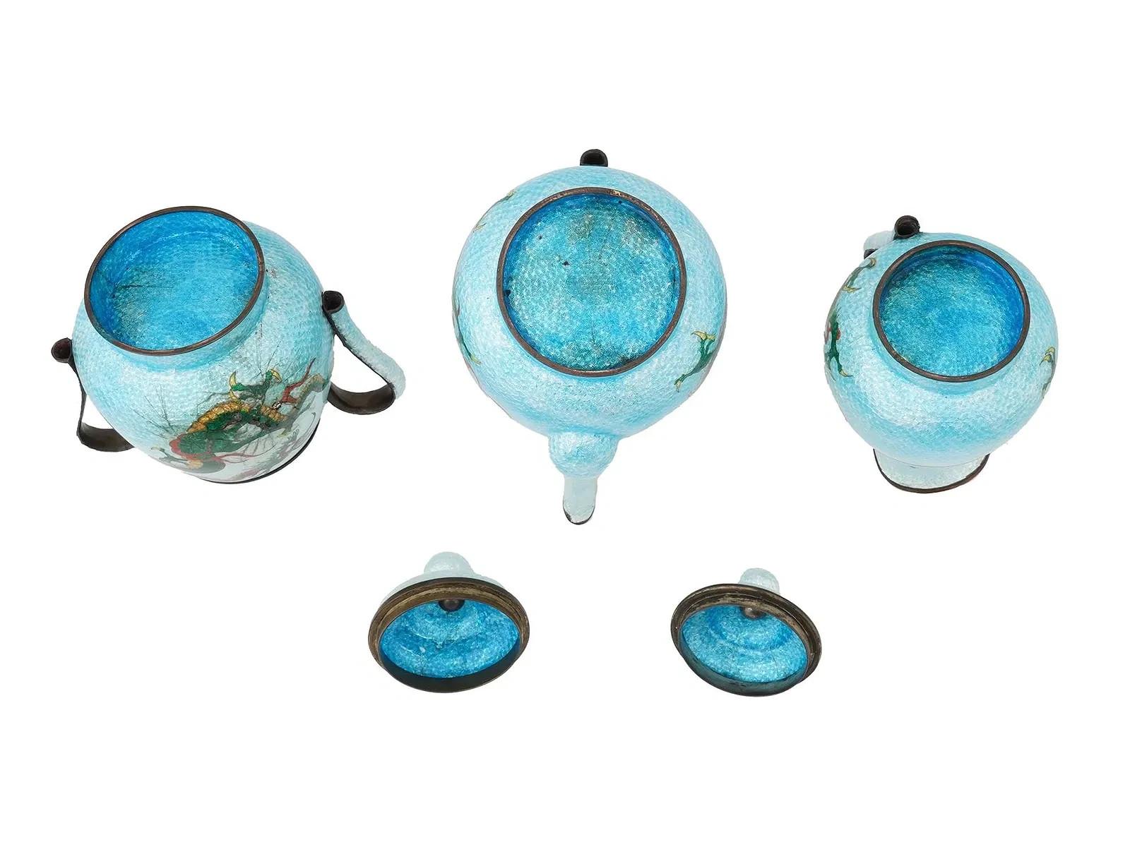 Antique Japanese Cloisonne Ginbari Enamel Dragon Tea Set Teapot Cup And Saucer For Sale 6