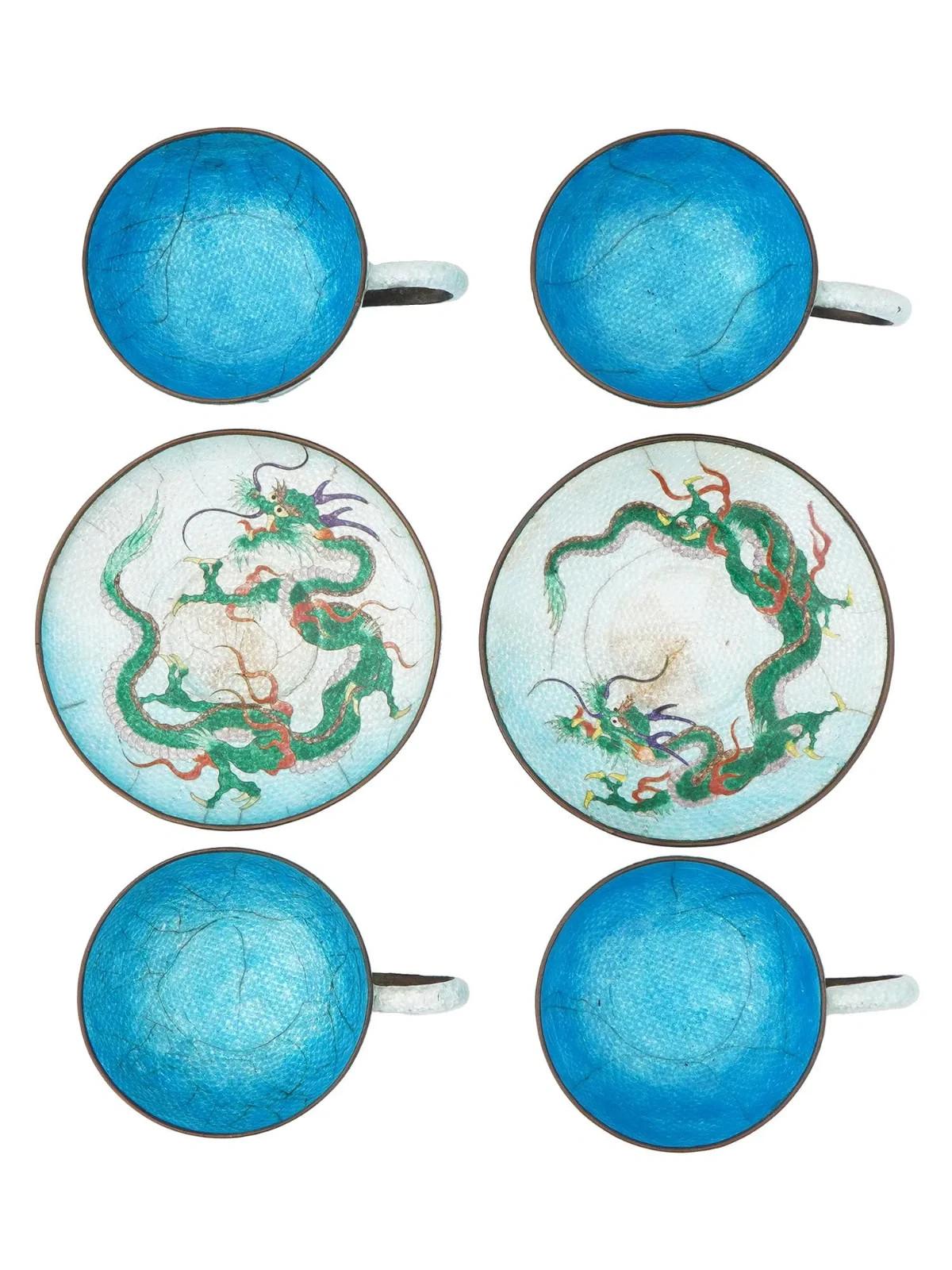 Antique Japanese Cloisonne Ginbari Enamel Dragon Tea Set Teapot Cup And Saucer For Sale 7