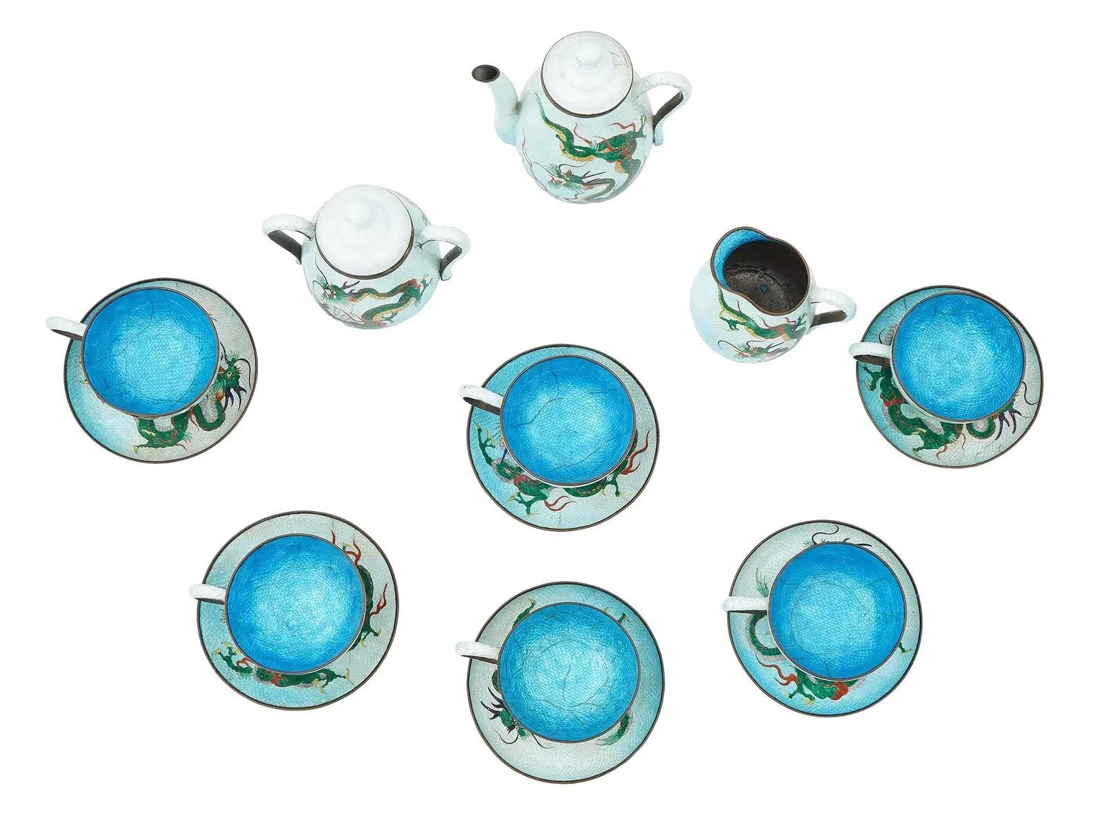 Cloissoné Antique Japanese Cloisonne Ginbari Enamel Dragon Tea Set Teapot Cup And Saucer For Sale