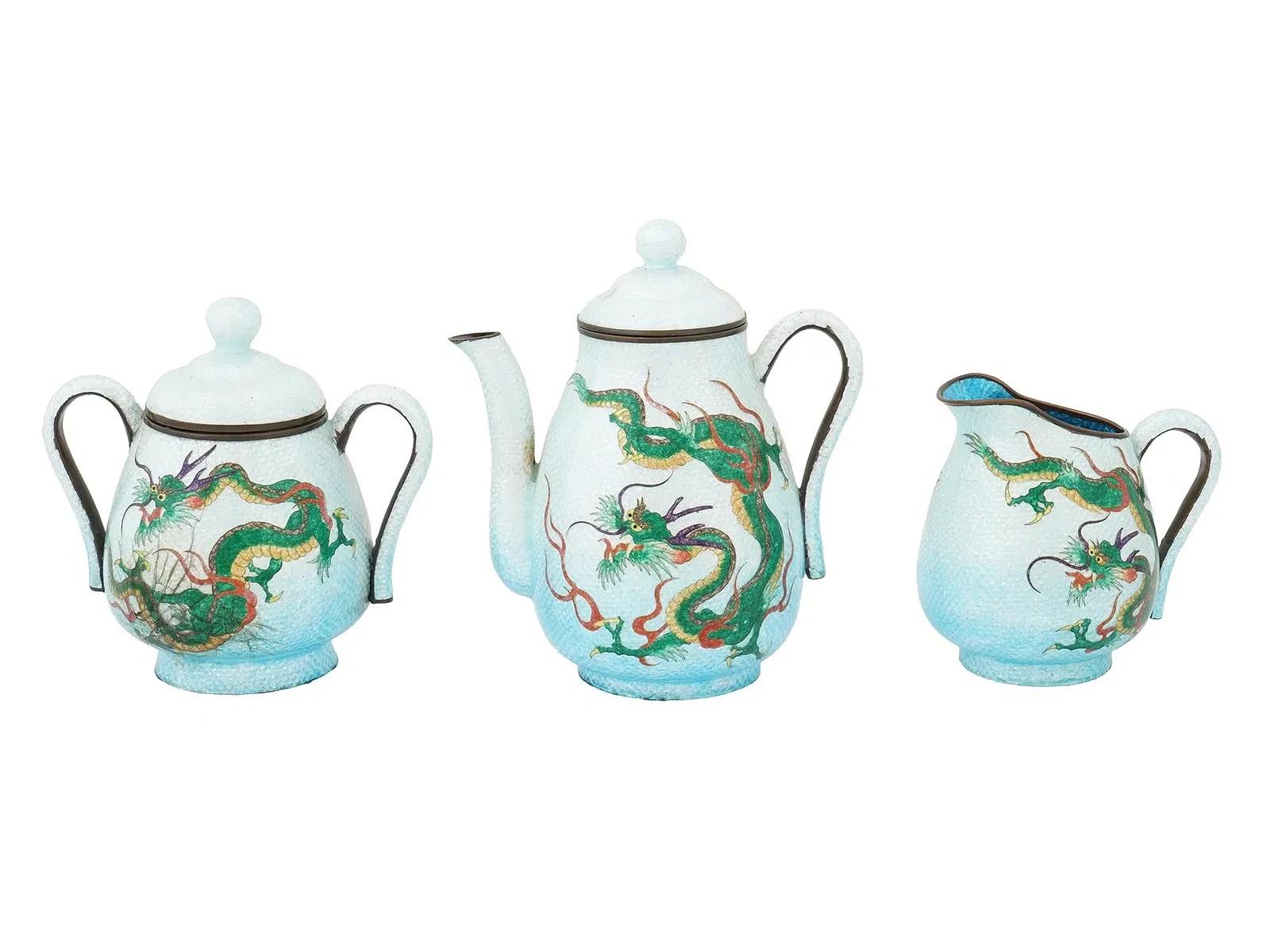 Antique Japanese Cloisonne Ginbari Enamel Dragon Tea Set Teapot Cup And Saucer For Sale 1