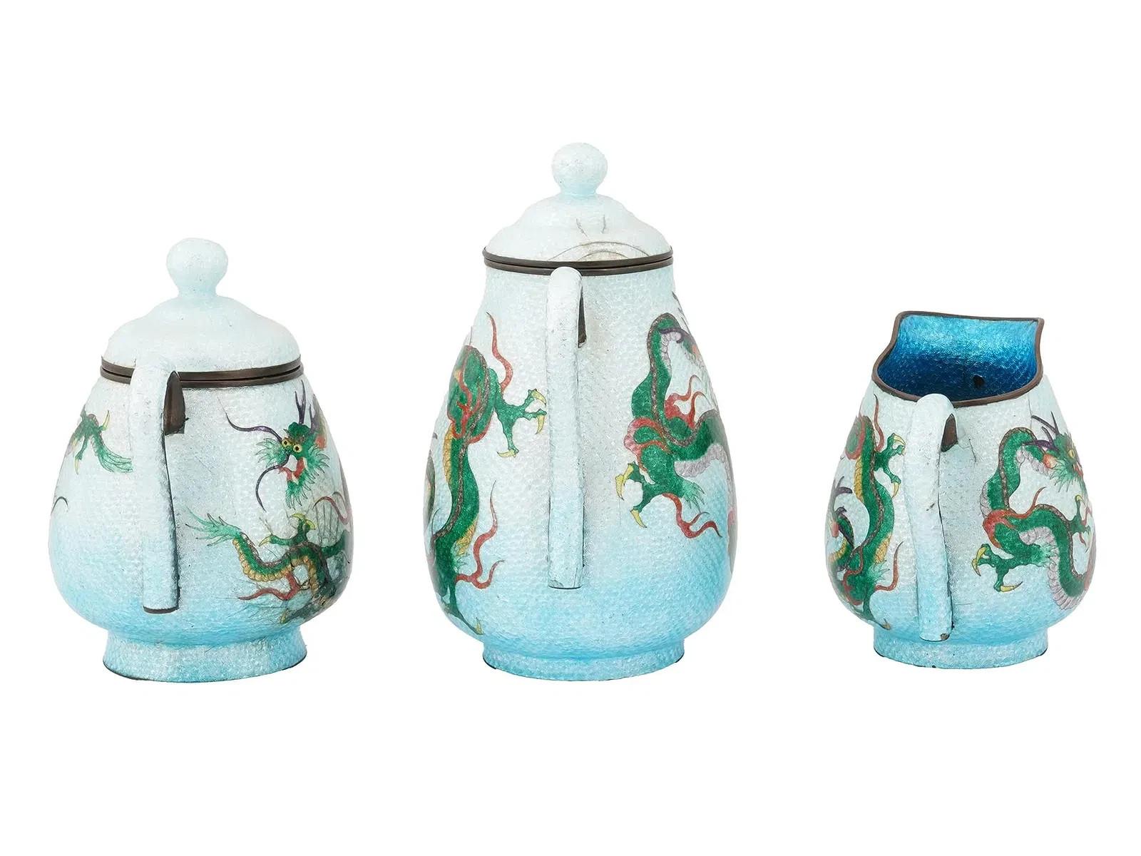 Antique Japanese Cloisonne Ginbari Enamel Dragon Tea Set Teapot Cup And Saucer For Sale 2