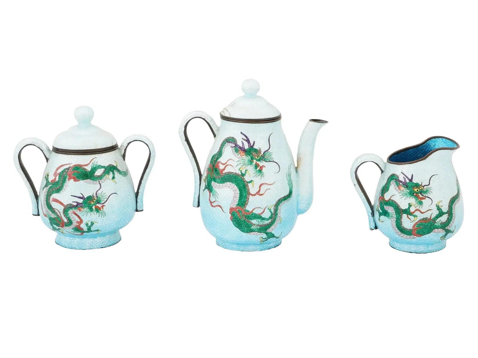 Antique Japanese Cloisonne Ginbari Enamel Dragon Tea Set Teapot Cup And Saucer For Sale 3