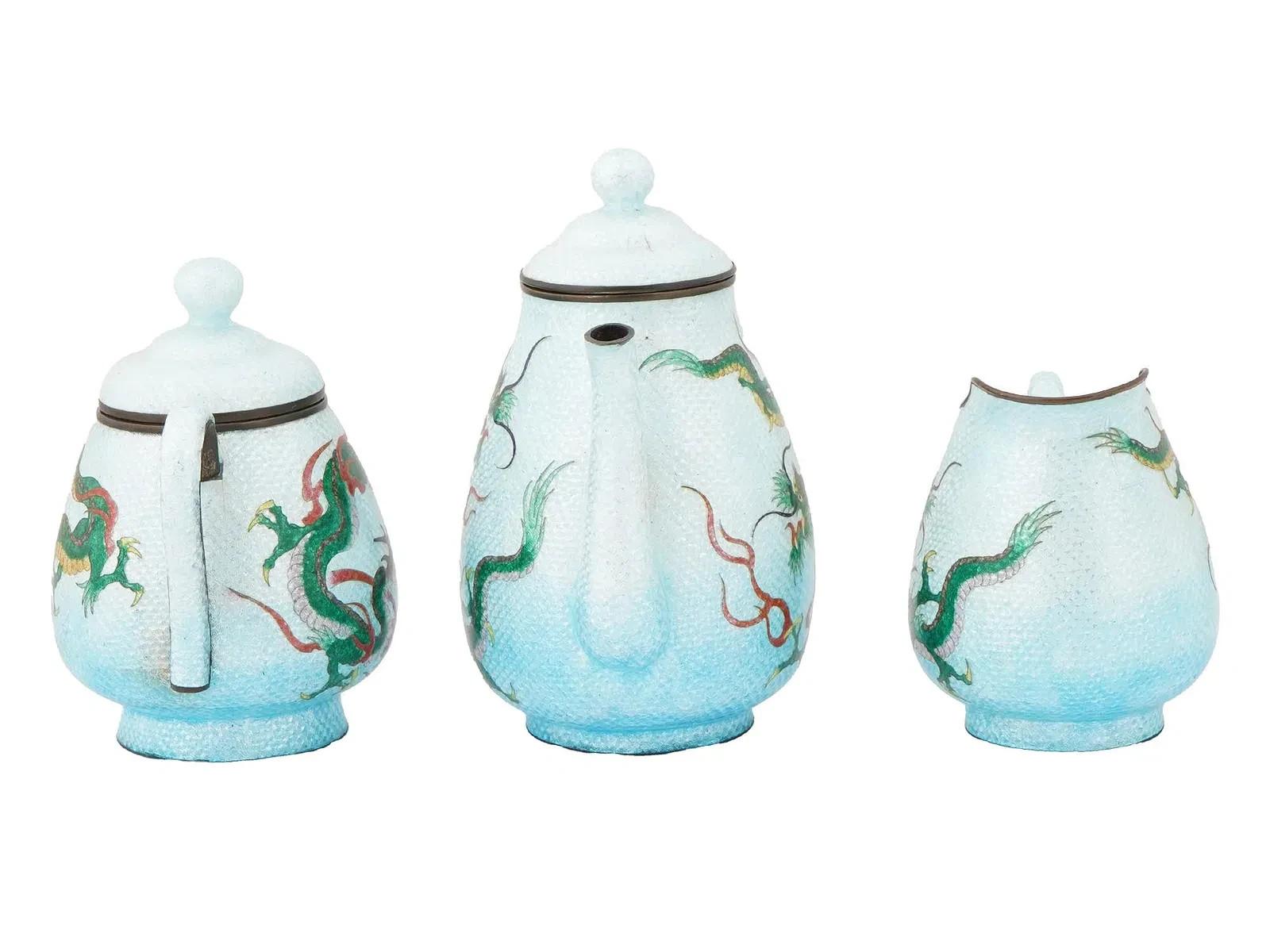 Antique Japanese Cloisonne Ginbari Enamel Dragon Tea Set Teapot Cup And Saucer For Sale 4