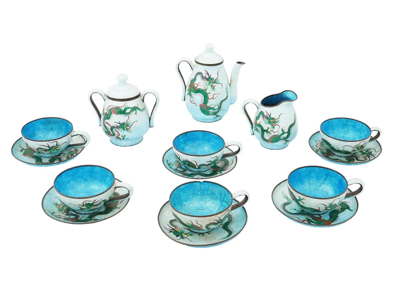 Antique Japanese Cloisonne Ginbari Enamel Dragon Tea Set Teapot Cup And Saucer For Sale