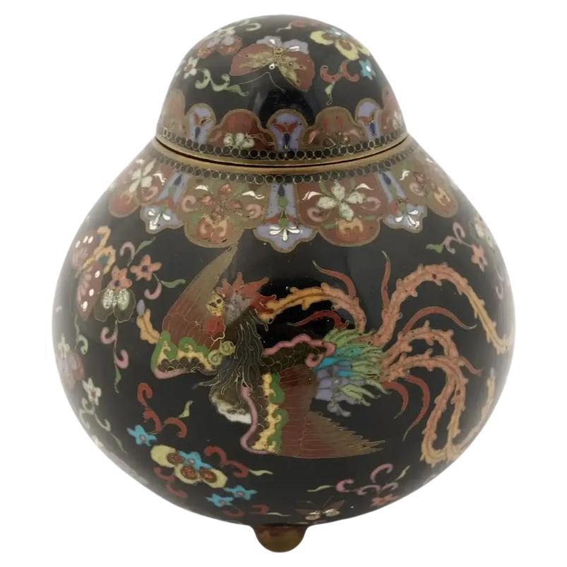 Antique Japanese Cloisonne Gold Stone Ginger Jar Butterflies and Phoenix Birds