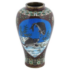 Antique Japanese Cloisonne Goldstone Enamel Fish and Mantis Amphora Shaped Vase
