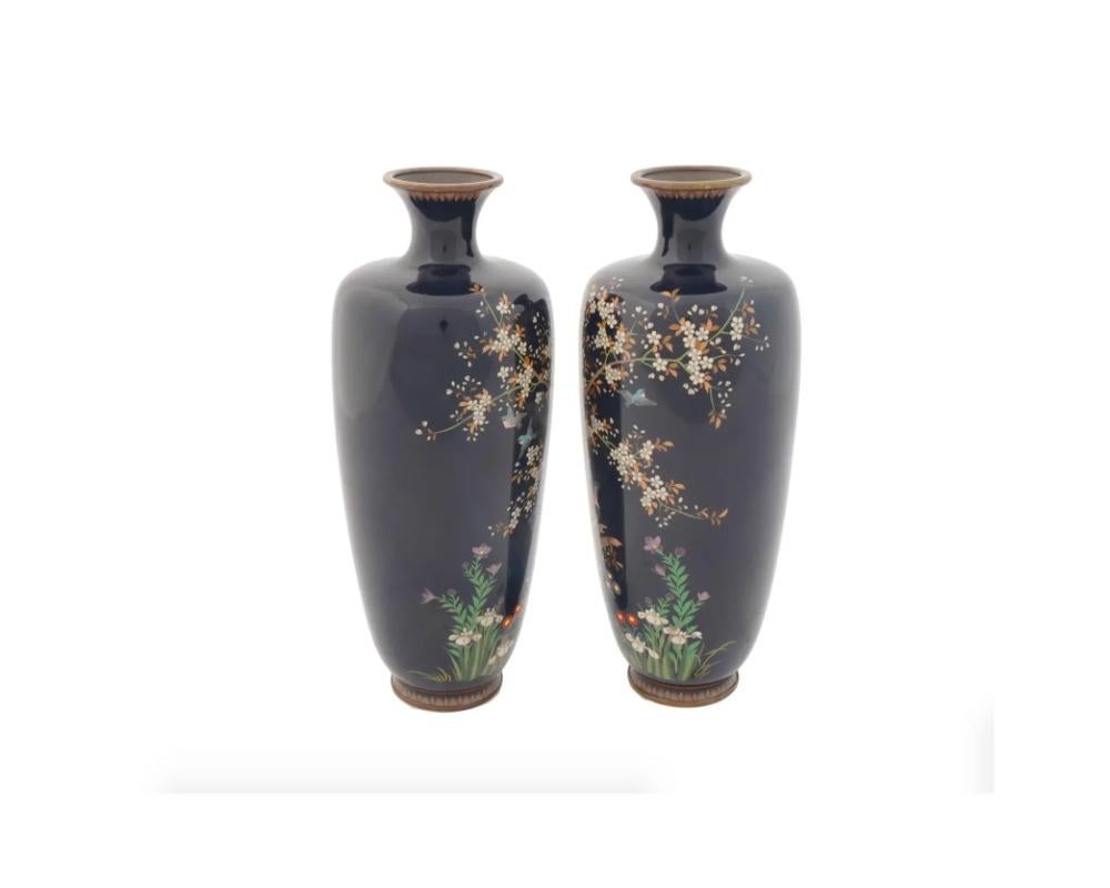 Cloissoné Antique Japanese Cloisonne Meiji Bird Tree Enamel Vases For Sale