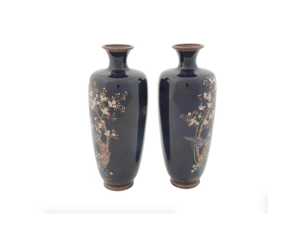 Antique Japanese Cloisonne Meiji Bird Tree Enamel Vases In Good Condition For Sale In New York, NY