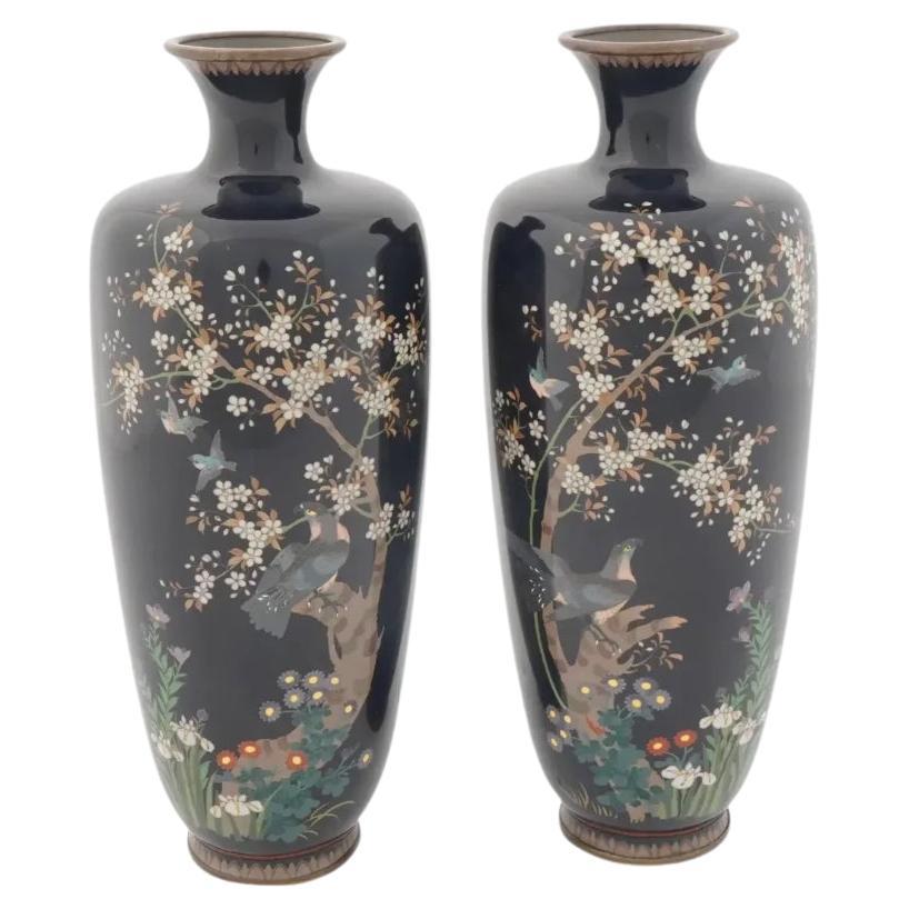 Antique Japanese Cloisonne Meiji Bird Tree Enamel Vases For Sale