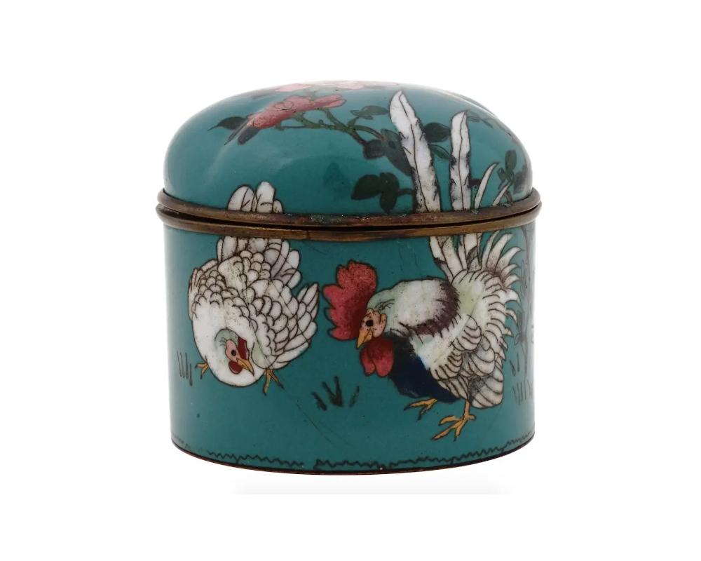Cloissoné Antique Japanese Cloisonné Meiji Enamel Box with Roosters For Sale