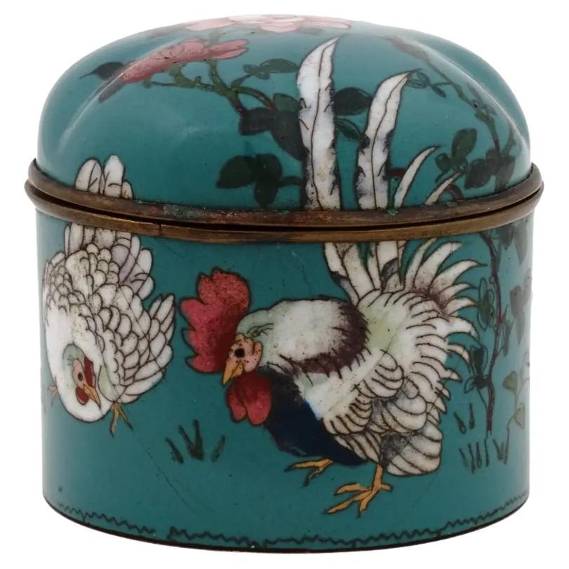 Antique Japanese Cloisonné Meiji Enamel Box with Roosters For Sale