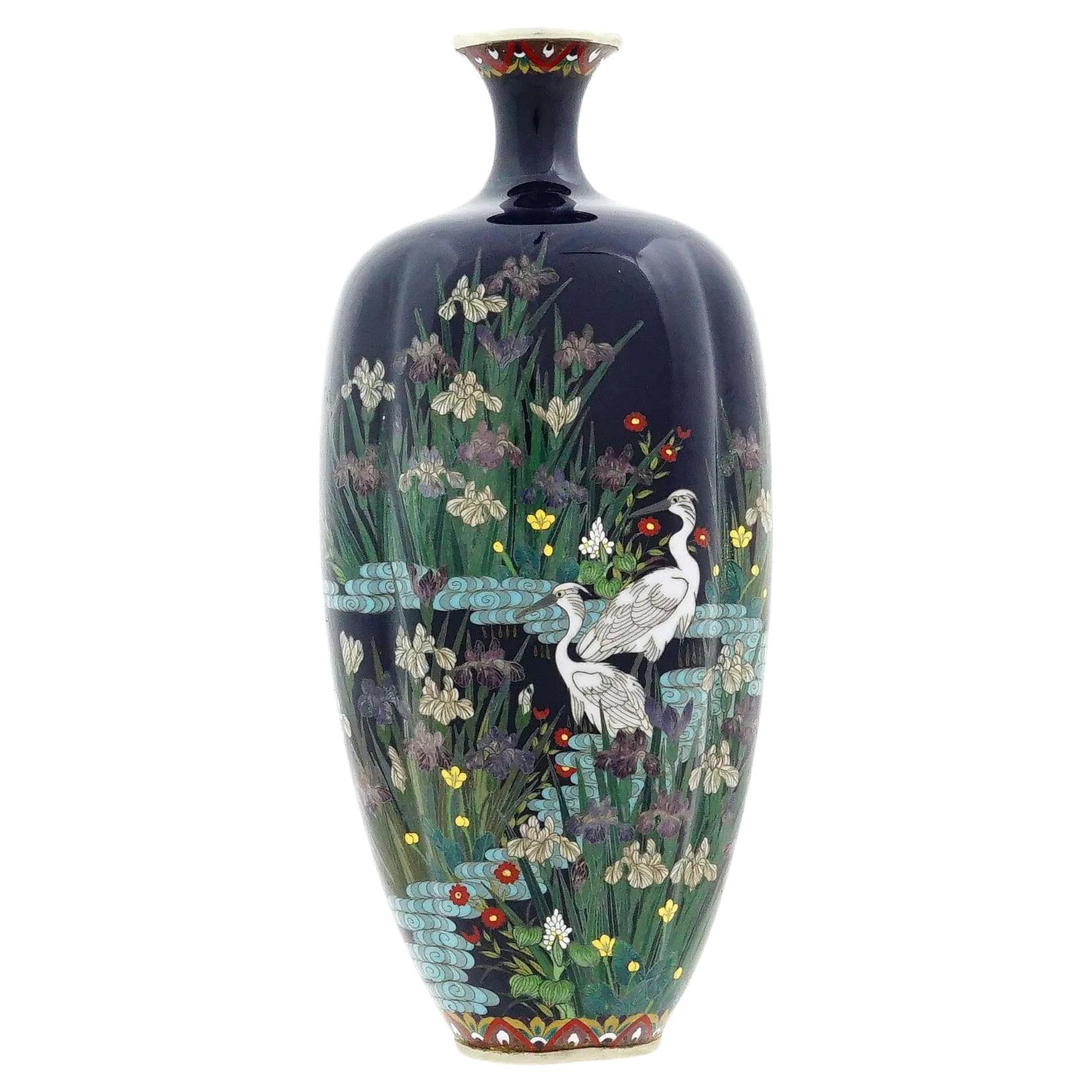 Antique Japanese Cloisonne Midnight Blue Enamel Floral Vase With Cranes Hayashi