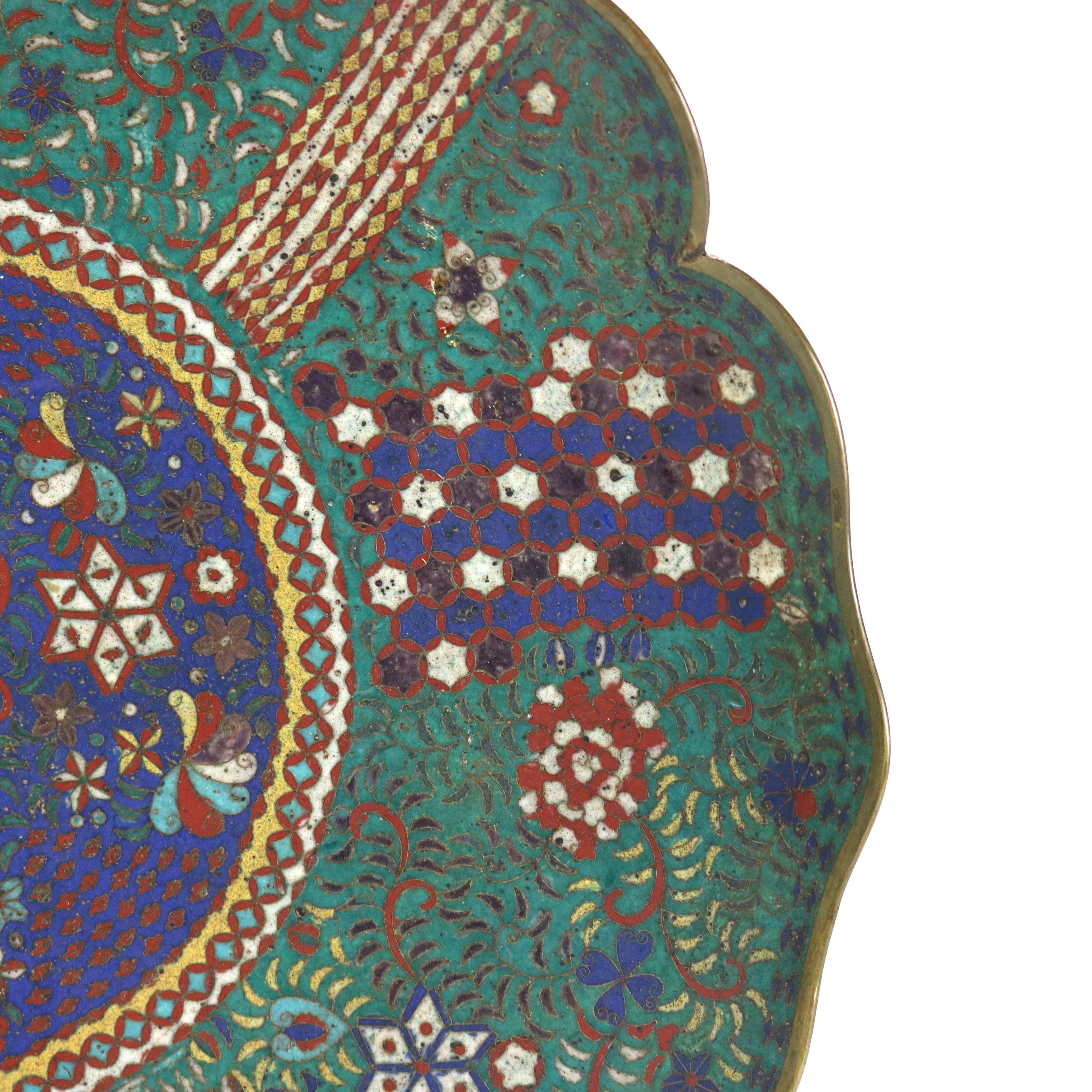 Antique Japanese Cloisonne Scalloped Edge Charger with Geometric Floral Pattern C1920.  
2 1/4